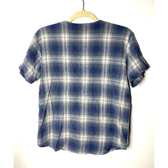VTG Silk Exchange Blue Plaid Button Up V Neck Short Sleeve Silk Shirt Womens S - Picture 2 of 8